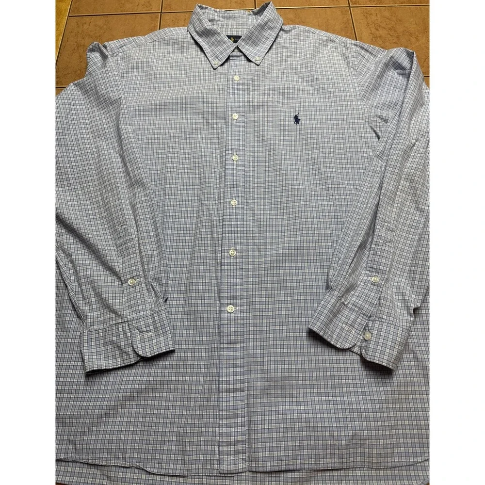 Polo‎ Ralph Lauren Men's Blue Plaid Dress Button Front Shirt Sz 18 46 Pony Logo